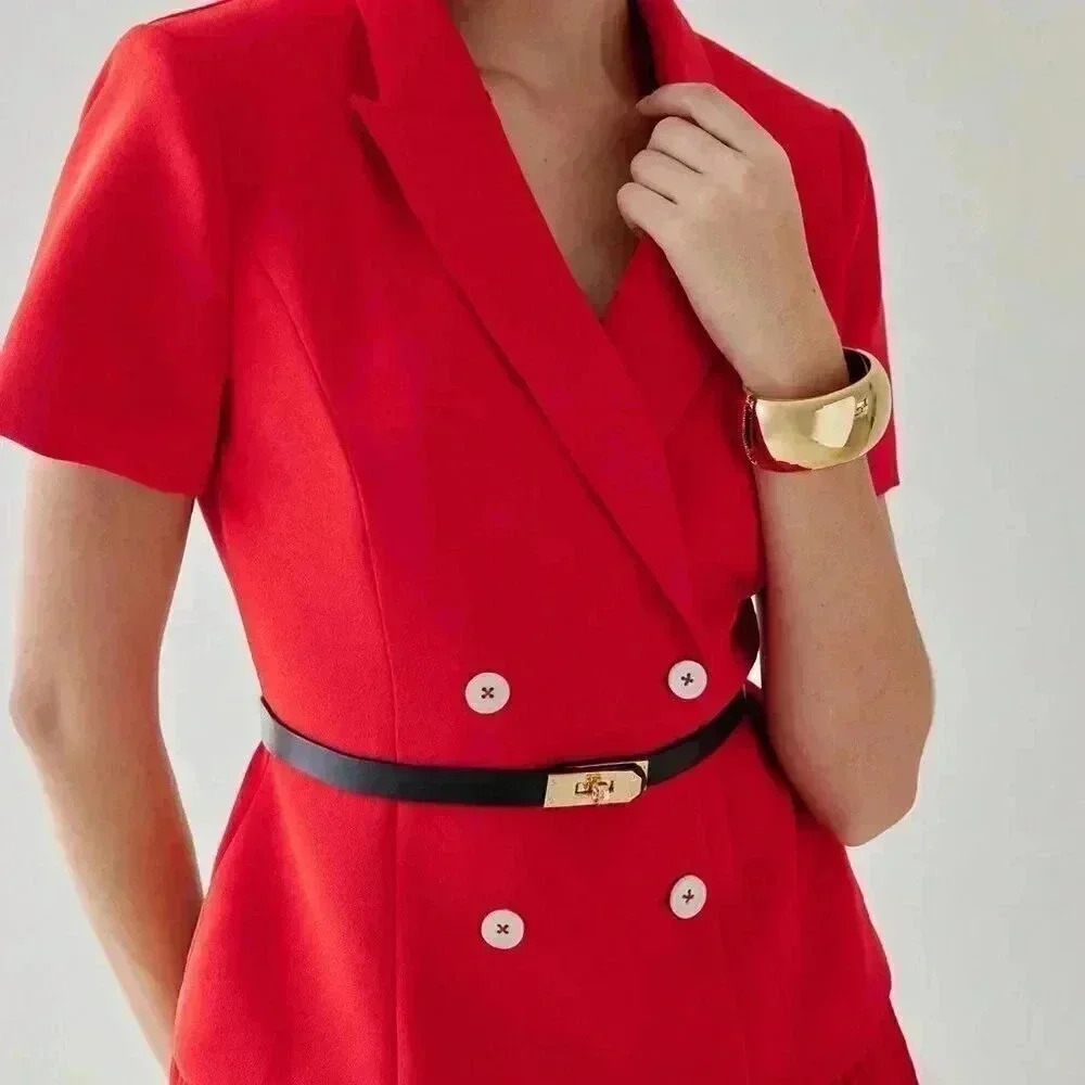 Red Elegant Women's Peak Collar Pleated Hem Double Breasted Placket Mini Dress - Picture 5 of 7
